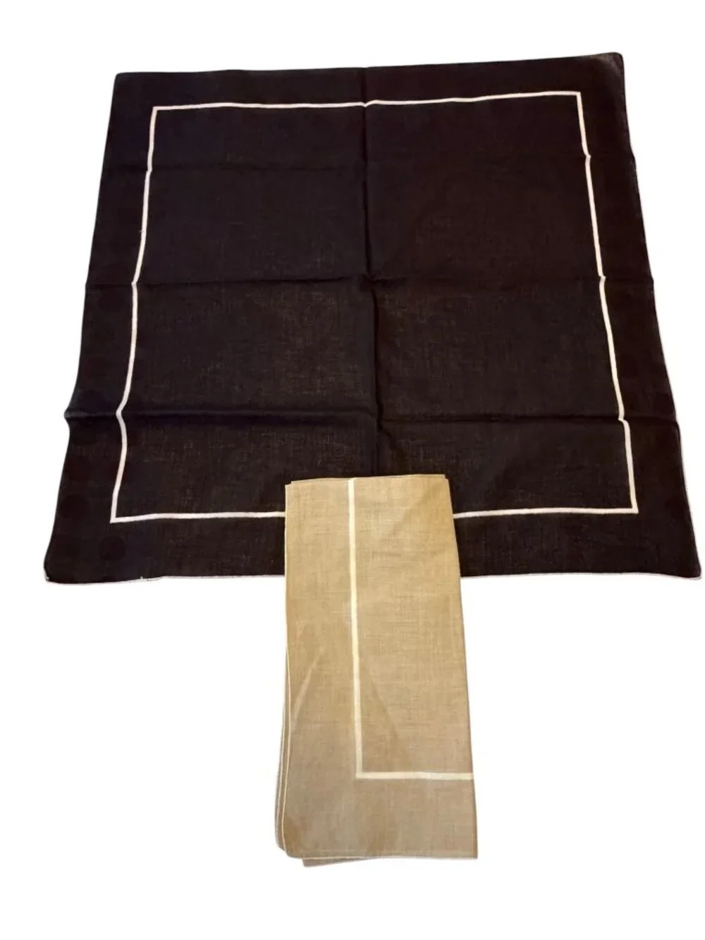 Set of 2 Vintage Linen Handkerchiefs Black & Beige White Border 20 Inch Square